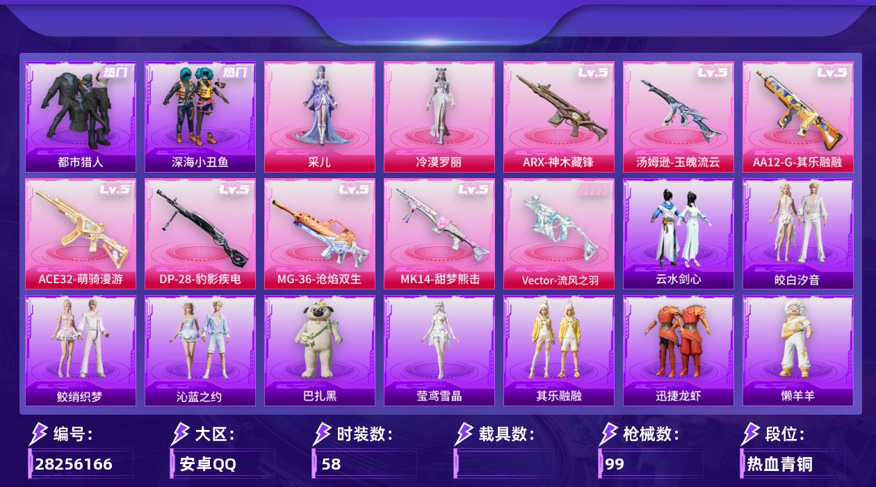 [28256166]安卓手Q-历史最高段位：超级王牌7星-2粉装-8特效枪-1粉色飞行器-29727热力值-7王牌印记-58套装-99枪皮
【热门品类】：套装-都市猎人，套装-深海小丑鱼，套装-小丑鱼，套装-暗影哥特
【粉色套装】：角色-冷漠罗丽，角色-采儿
【粉色枪皮等级】：ACE32-萌骑漫游(五级)，ARX-神木藏锋(五级)，Vector-流风之羽(五级)，汤姆逊-玉魄流云(五级)，Mk14-甜梦熊击(五级)，AA12-G-其乐融融(五级)，DP-28-豹影疾电(五级)，MG-36-沧焰双生(五级)
【粉色枪皮】：ACE32-萌骑漫游，ARX-神木藏锋，Vector-流风之羽，汤姆逊-玉魄流云，Mk14-甜梦熊击，AA12-G-其乐融融，DP-28-豹影疾电，MG-36-沧焰双生
【粉色飞行器】：炫彩糖果飞行器
【粉色降落伞】：暗夜玫瑰降落伞，繁龙极客降落伞，时光之吻降落伞，冷漠罗丽降落伞，喜羊羊与灰太狼降落伞，炫彩糖果降落伞
【稀有套装】：套装-炫彩糖果，套装-迅捷龙虾，套装-其乐融融，套装-恋语绒绒，套装-云水剑心，套装-黑曜晚宴，套装-彩虹兔，套装-云朵鹅，套装-雪绒豹，角色-时希公主，角色-灵公主，套装-朱霞炽焰，套装-凌霄紫焰，套装-擎苍青焰，玩偶服-懒羊羊，角色-莹鸢雪晶，玩偶服-巴扎黑，套装-鲛绡织梦，套装-皎白汐音，套装-沁蓝之约
【稀有枪皮】：AKM-破晓战魂，AKM-缤纷海域，M416-蓝色火焰，AUG-耀粉歌者，M762-云朵鹅，ARX-凌霄紫焰，UZI-天降萌叽，UZI-影袭，UZI-炫彩节奏，UZI-竞技角斗士，UMP45-极意拳锋，Vector-彩虹符号，Vector-生命誓言，JS9-凌霄紫焰，SKS-炫彩节奏，SKS-迅猛狂鲨，Mini14-穿刺龙虾，Mini14-耀粉歌者，SVD-云朵鹅，SVD-冷漠罗丽，S12K-幻世战舞者，DBS-幻彩电音，SPAS-12-钛晶裂爪，SPAS-12-云朵鹅，M249-彩虹符号，DP-28-彩虹符号，MG3-幻世战舞者，MG-36-凌霄紫焰，P92-凌霄紫焰，沙漠之鹰-云朵鹅，爆炸猎弓-灰烬之翎，大砍刀-云朵鹅，大砍刀-灰烬之翎，撬棍-冷漠罗丽，平底锅-凌霄紫焰
【其他套装】：套装-夏日倾情，套装-旭日情侣，套装-暗影哥特，套装-王牌教练，套装-甜蜜告白，套装-破蛋小黄鸡，套装-缤纷果语，套装-青涩时光，套装