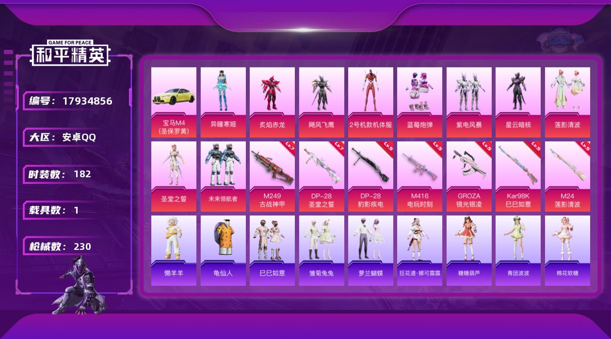 和平精英账号安卓QQ[17934856]地铁满天赋！【特价出售/店主推荐】安卓 手Q-10粉装-7特效枪-1载具-1粉色飞行器-73018热力值-6王牌印记-182套装-230枪皮
【热门品类】：套装-龟仙人
【粉色套装