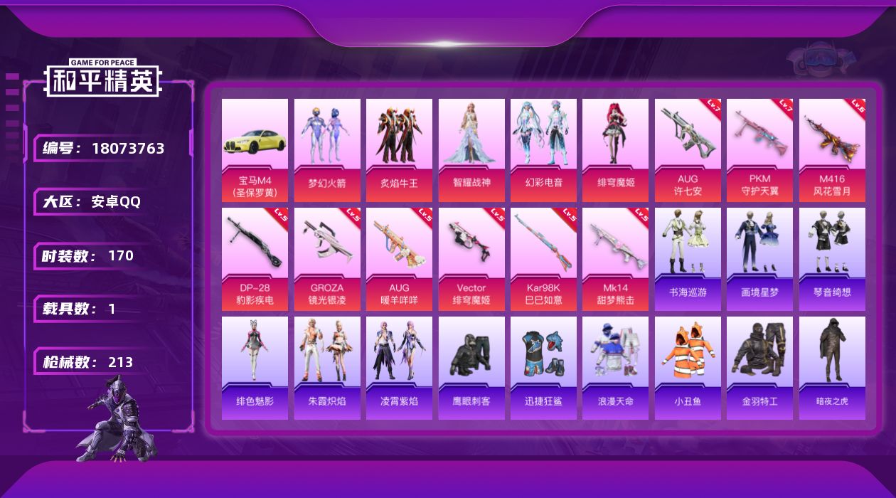 和平精英账号安卓QQ[18073763]【特价出售/店主推荐】安卓 手Q-5粉装-11特效枪-1载具-4粉色飞行器-68037热力值-11王牌印记-170套装-213枪皮
【热门品类】：粉装-梦幻火箭，套装-浪漫天命，套