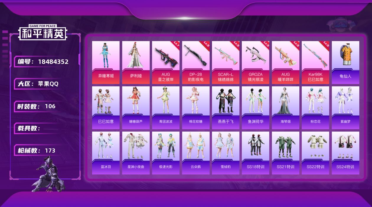 和平精英账号苹果QQ[18484352]【特价出售/店主推荐】苹果 手Q-2粉装-8特效枪-2粉色飞行器-47169热力值-11王牌印记-106套装-173枪皮【热门品类】：套装-龟仙人【粉色套装】：角色-萨利娅，角色-