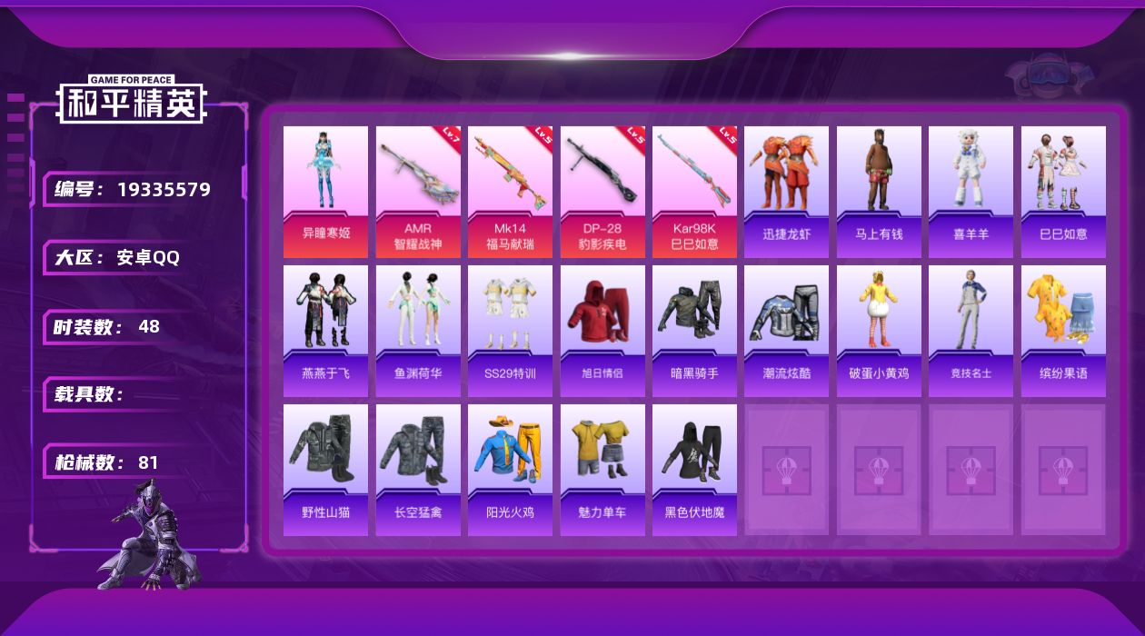 和平精英账号安卓QQ[19335579]安卓 手Q-1粉装-4特效枪-0载具-1粉色飞行器-19951热力值-4王牌印记-48套装-81枪皮
【粉色套装】：角色-异瞳寒姬
【粉色枪皮等级】：Kar98K-巳巳如意(五级)