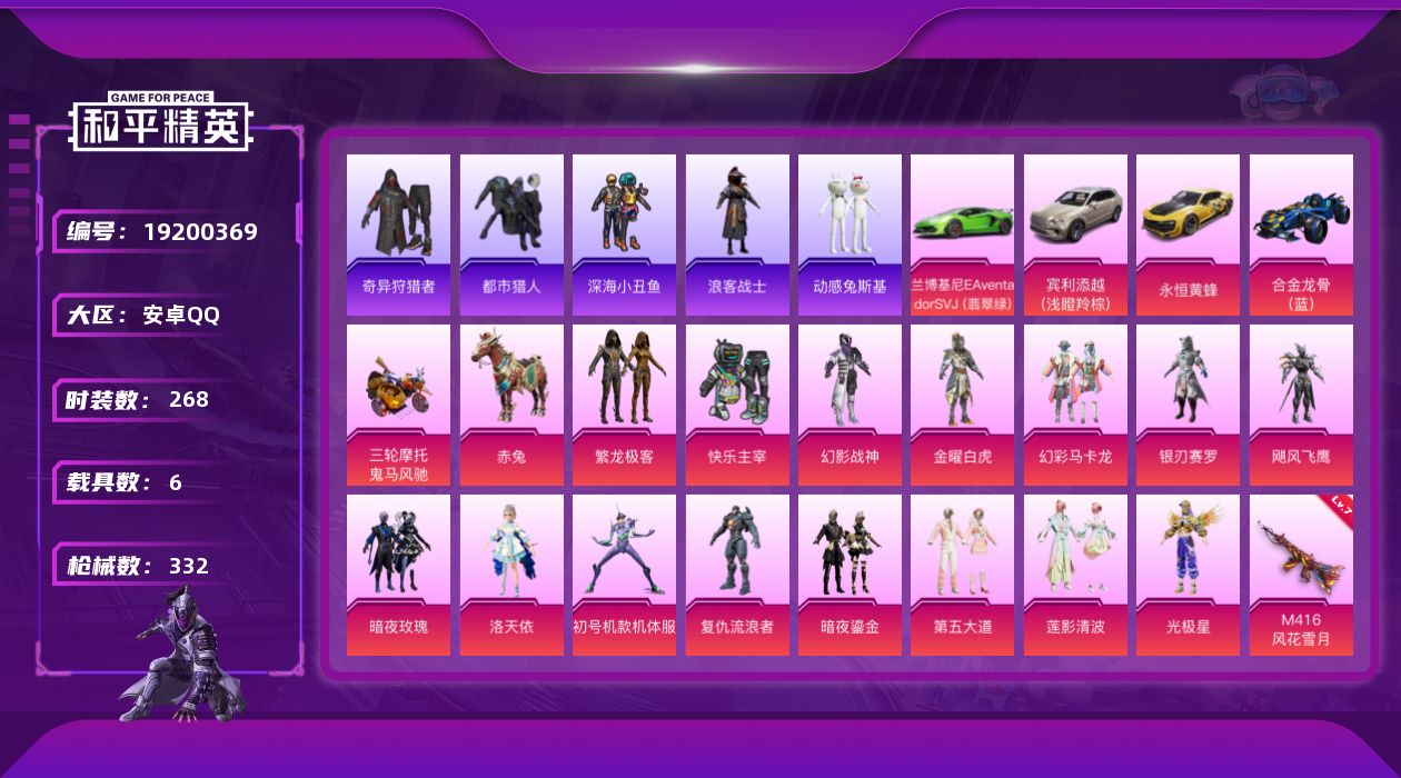 和平精英账号安卓QQ[19200369]268套装/枪械9/装备436/载具6/战备236/王牌印记4/热力值115563/五级AKM-绿萝繁花/七级M416-风花雪月/五级M416-电玩时刻/二级ACE32-萌骑漫游/