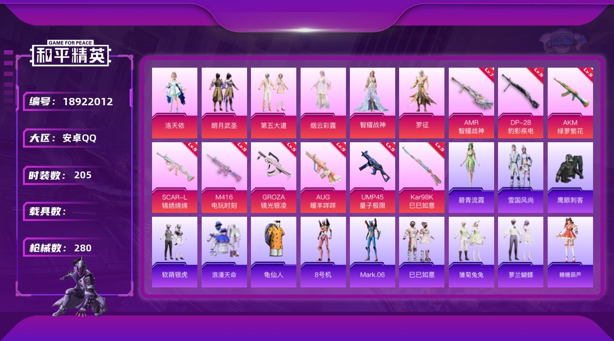 和平精英账号安卓QQ[18922012]安卓 手Q-6粉装-9特效枪-0载具-2粉色飞行器-84858热力值-18王牌印记-205套装-280枪皮
【热门品类】：套装-浪漫天命，套装-龟仙人，角色-8号机，角色-Mark