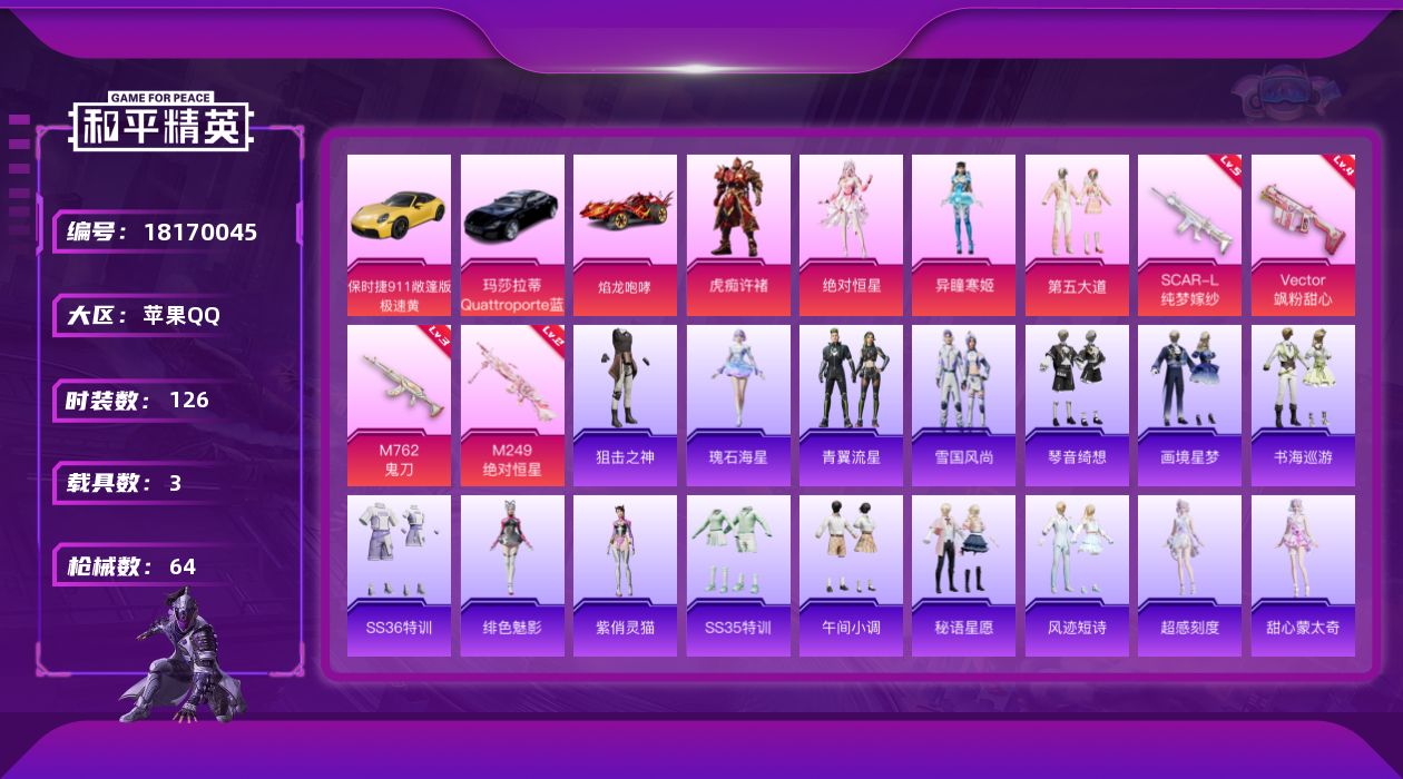 和平精英账号苹果QQ[18170045]4粉装 4特效枪 3载具 2印记 可二次 
【热门装扮】虎痴许褚,异瞳寒姬,绝对