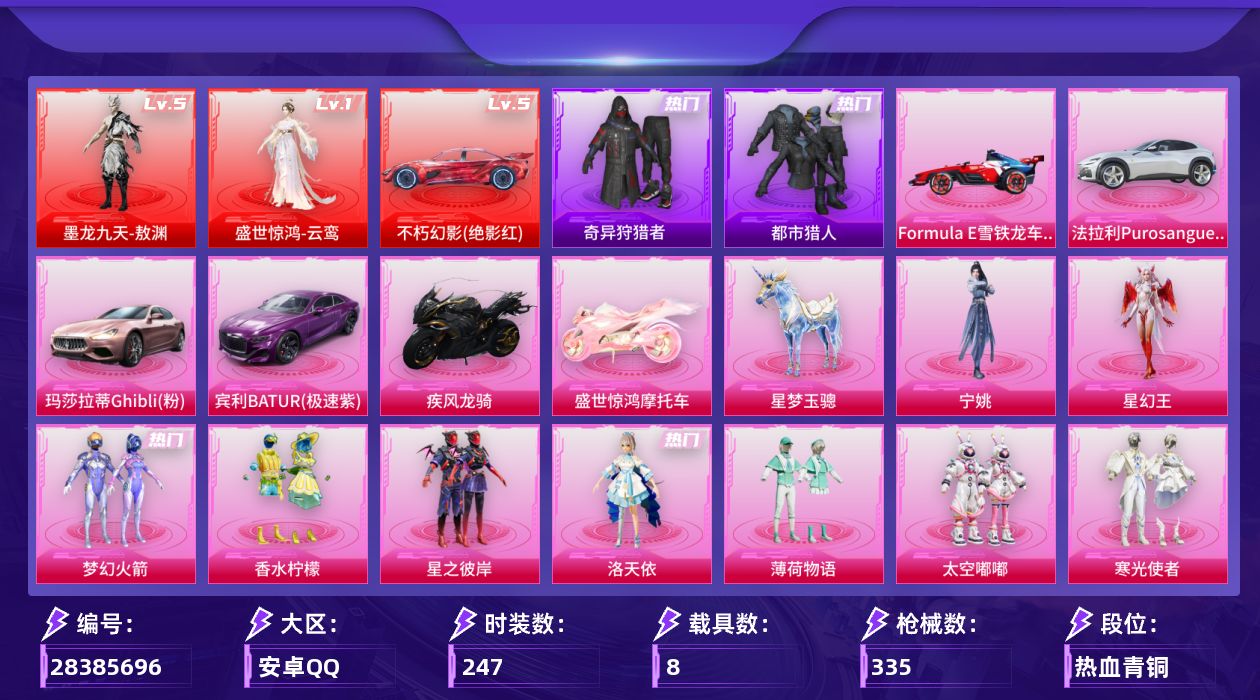 [28385696]都市猎人，暗影哥特，【特价出售/店主推荐】安卓手Q-历史最高段位：绝世王牌12星-2神装-15粉装-15特效枪-8载具-14粉色飞行器-137592热力值-16王牌印记-247套装-335枪皮
【红色载具等级】：不朽幻影（绝影红）(五级)
【红色神装等级】：盛世惊鸿-云鸾(一级)，墨龙九天-敖渊(五级)
【红色角色神装】：盛世惊鸿-云鸾，墨龙九天-敖渊
【热门品类】：粉装-梦幻火箭，套装-都市猎人，套装-奇异狩猎者，套装-龟仙人，套装-暗影哥特，套装-浪漫波比
【粉色套装】：粉装-梦幻火箭，粉装-香水柠檬，粉装-星之彼岸，角色-洛天依，粉装-薄荷物语，粉装-太空嘟嘟，粉装-寒光使者，粉装-萌物绒绒，角色-烟云彩露，角色-星梦奇缘，角色-初号机 觉醒Ver.，角色-千金淑猫，角色-冷漠罗丽，角色-星幻王，角色-宁姚
【粉色枪皮等级】：AKM-炫紫旋律(七级)，SCAR-L-云端童话(五级)，M416-五爪金龙(七级)，M416-墨龙九天(三级)，UMP45-恐龙拽拽(五级)，汤姆逊-玉魄流云(四级)，Kar98K-巳巳如意(五级)，Mk14-精灵梦叶罗丽(四级)，Mk14-盛世惊鸿(三级)，Mk14-福马献瑞(四级)，AMR-智耀战神(五级)，M200-梦海之灵(三级)，AA12-G-其乐融融(四级)，DP-28-千金淑猫(四级)，DP-28-豹影疾电(五级)
【粉色载具】：不朽幻影（绝影红），法拉利Purosangue（纽博格林银），玛莎拉蒂Ghibli（粉），宾利BATUR（极速紫），Formula E雪铁龙车队（先锋红），疾风龙骑，盛世惊鸿摩托车，僚机-萌兔起飞，星梦玉骢
【粉色枪皮】：AKM-炫紫旋律，SCAR-L-云端童话，M416-五爪金龙，M416-墨龙九天，UMP45-恐龙拽拽，汤姆逊-玉魄流云，Kar98K-巳巳如意，Mk14-精灵梦叶罗丽，Mk14-盛世惊鸿，Mk14-福马献瑞，AMR-智耀战神，M200-梦海之灵，AA12-G-其乐融融，DP-28-千金淑猫，DP-28-豹影疾电
【粉色飞行器】：炫彩糖果飞行器，祥瑞起舞飞行器，黄族统领飞行器，龙翔九天飞行器，幻海精灵飞行器，深渊漩涡飞行器，凤舞九天飞行器，极意拳锋飞行器，六号石头人飞行器，星罗盘飞行器，惊雷剑影飞行器，剑影随行飞行器
【粉色降落伞】：深海曼妙降落伞，破风疾驰降落伞，春暖花开降落