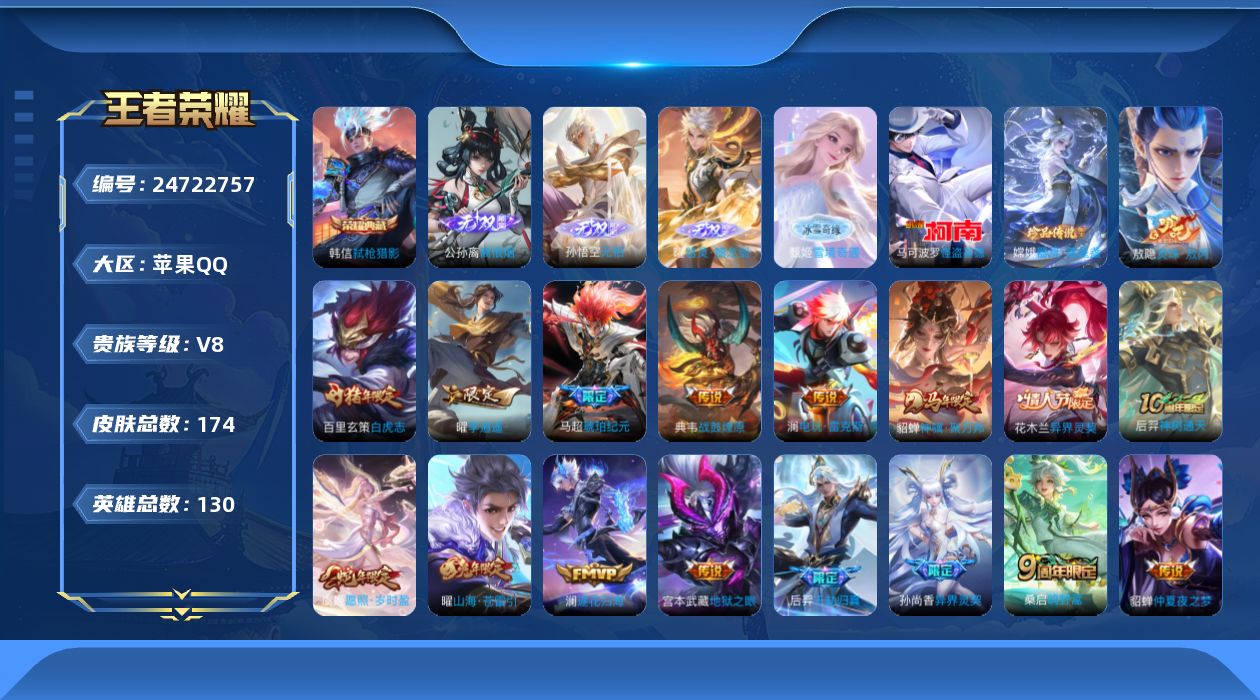 王者荣耀账号苹果QQ贵族8 荣耀典藏1 无双4 珍品传说2 传说皮肤20 史诗皮肤64 皮肤数量174 皮肤价值:150460 英雄129 尊贵铂金I 总场次1959