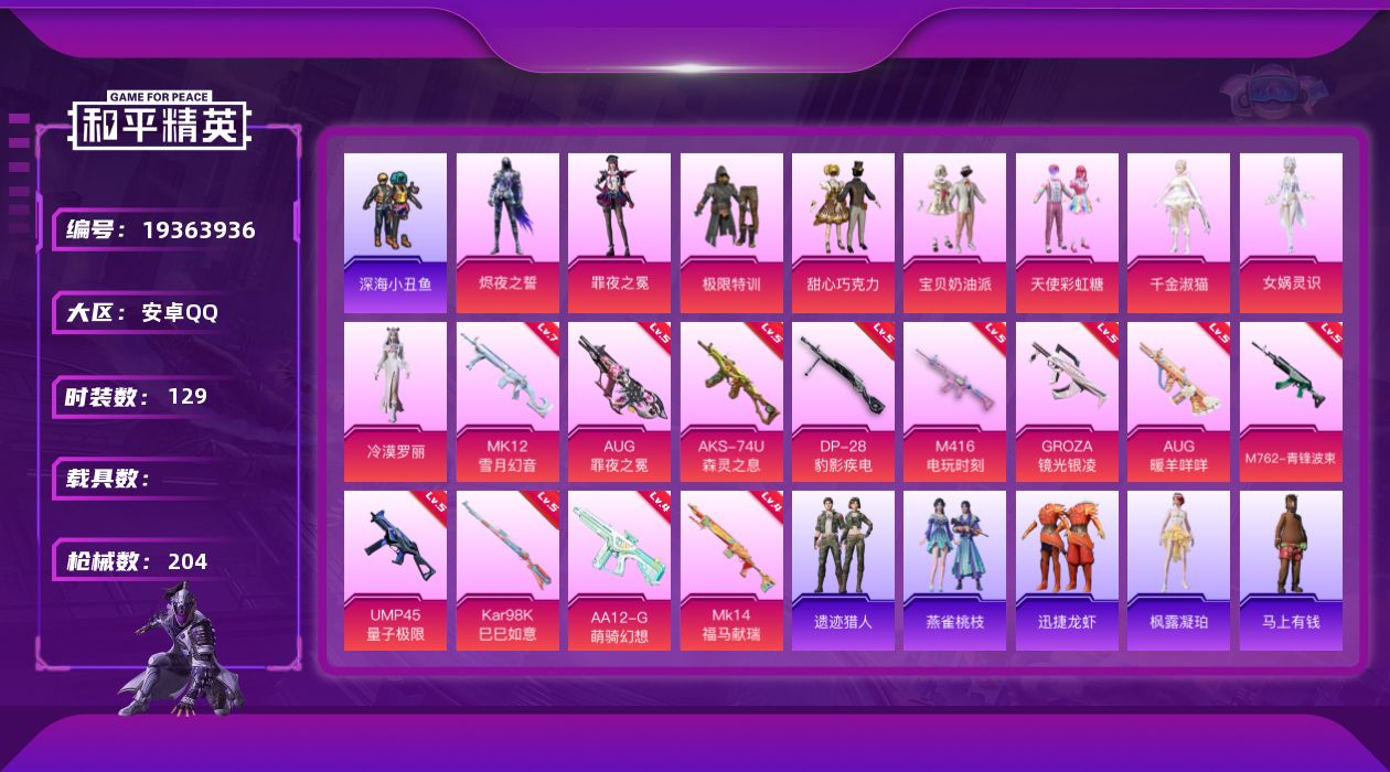 和平精英账号安卓QQ[19363936]安卓手Q-9粉装-12特效枪-2粉色飞行器-55850热力值-5王牌印记-129套装-204枪皮
【热门品类】：套装-浪漫天命，套装-深海小丑鱼，套装-小丑鱼，套装-忍者信条，套装