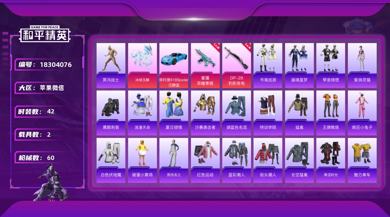 和平精英账号苹果微信[18304076]木乃伊！苹果 微信-0粉装-2特效枪-2载具-2粉色飞行器-17167热力值-3王牌印记-42套装-60枪皮
【热门品类】：套装-浪漫天命，套装-冥河战士
【粉色枪皮等级】：蜜獾-