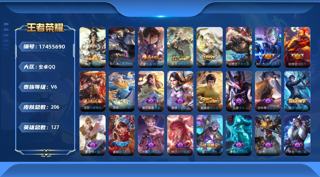 王者荣耀账号安卓QQ127英雄-206皮肤--V6-1珍品传说6传说 1星传说 星际治安官 【珍品传说】 沧流箭 【传说