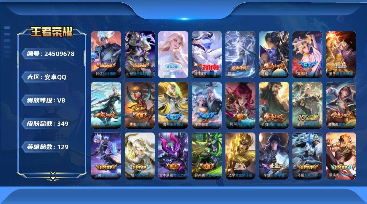 王者荣耀账号安卓QQ贵族8 荣耀典藏2 无双1 珍品传说2 传说皮肤30 史诗皮肤107 皮肤数量349 皮肤价值:282108 英雄129 至尊星耀V 总场次8092