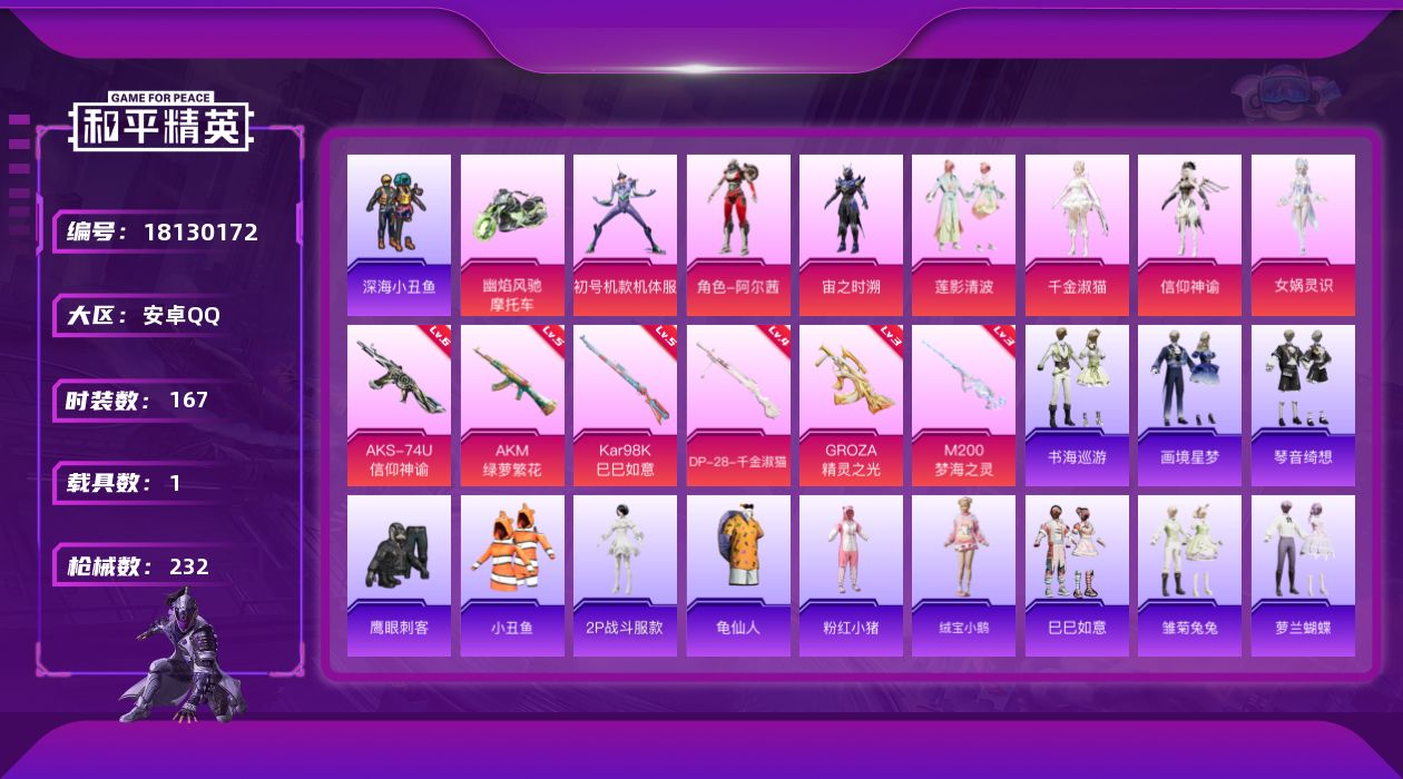 和平精英账号安卓QQ[18130172]安卓 手Q连体王者V8-183皮肤1星传19传说打野15段 7粉装-6特效枪-1载具-11粉色飞行器-70358热力值-10王牌印记-167套装-232枪皮
【热门品类】：套装-深