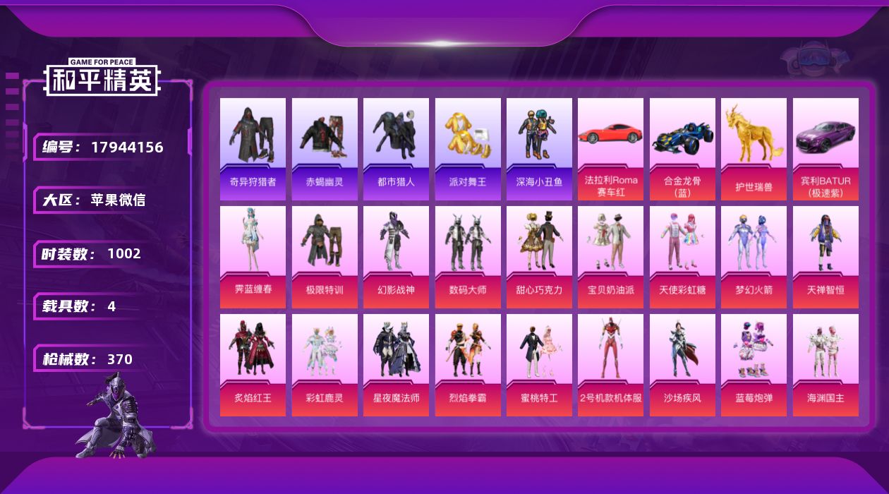 和平精英账号苹果微信[17944156]31粉装 21特效枪 4载具 24印记 可二次 可修改实名 
【九级特效枪】九级