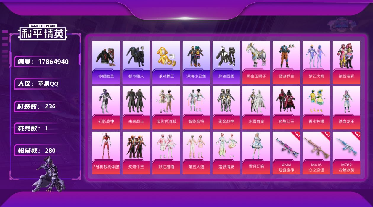 和平精英账号苹果QQ[17864940]【店主推荐捡漏号！可直接换绑】苹果 手Q-18粉装-14特效枪-1载具-4粉色飞行器-99367热力值-20王牌印记-236套装-280枪皮【热门品类】：粉装-怪诞乔克，粉装-梦幻