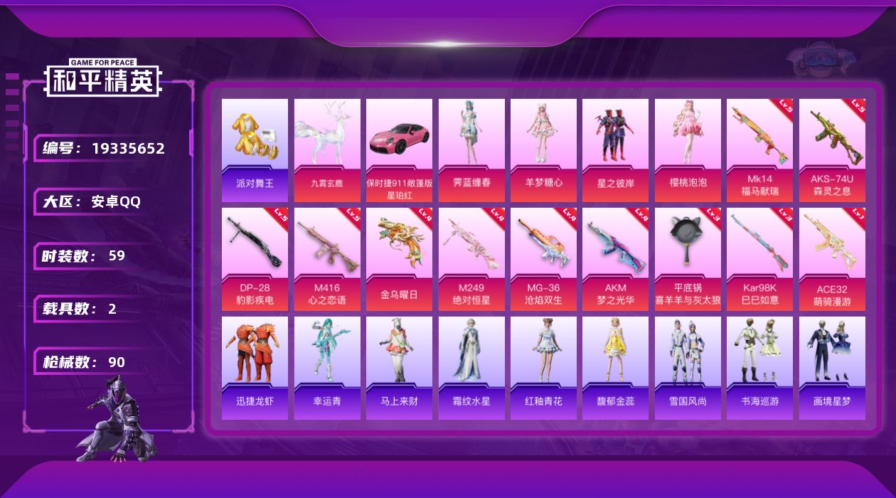 和平精英账号安卓QQ[19335652]安卓 手Q-4粉装-11特效枪-2载具-5粉色飞行器-32074热力值-4王牌印记-59套装-90枪皮
【热门品类】：套装-派对舞王，套装-红熊茄茄
【粉色套装】：粉装-星之彼岸，