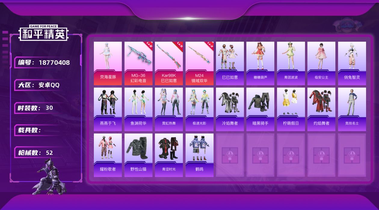 和平精英账号安卓QQ[18770408]【特价出售/店主推荐/精品公主号热门飞行器3个精品妹子号】安卓 手Q-1粉装-3特效枪-0载具-3粉色飞行器-15181热力值-2王牌印记-30套装-52枪皮
【粉色套装】：角色-