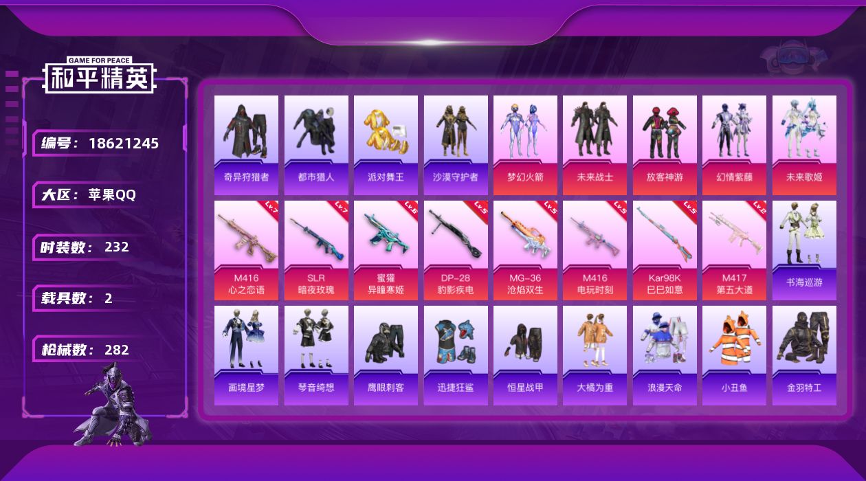 和平精英账号苹果QQ[18621245]苹果 手Q-6粉装-11特效枪-2载具-1粉色飞行器-93606热力值-24王牌印记-232套装-282枪皮
【热门品类】：粉装-梦幻火箭，套装-浪漫天命，套装-都市猎人，套装-派