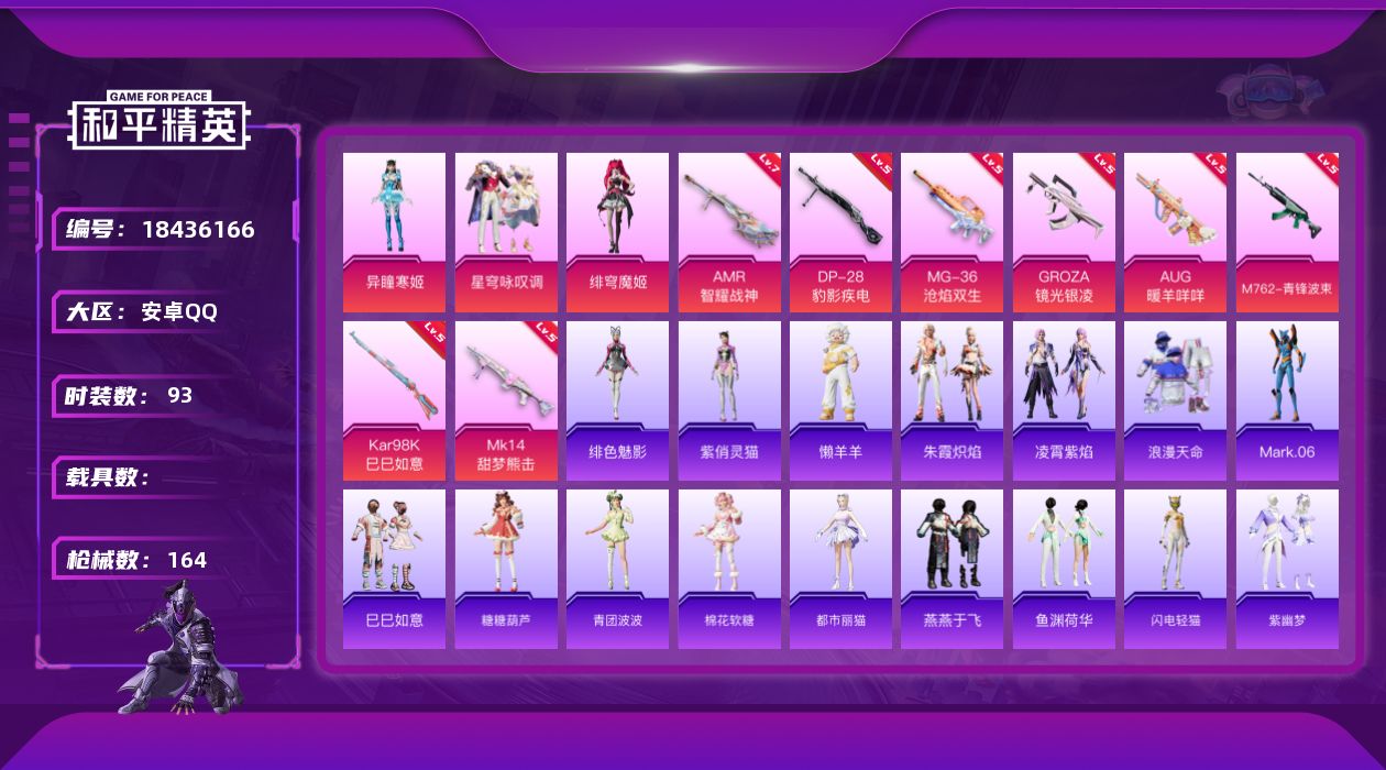 和平精英账号安卓QQ[18436166]安卓 手Q-3粉装-11特效枪-0载具-1粉色飞行器-45895热力值-7王牌印记-93套装-164枪皮
【热门品类】：套装-浪漫天命，角色-Mark.06
【粉色套装】：粉装-星