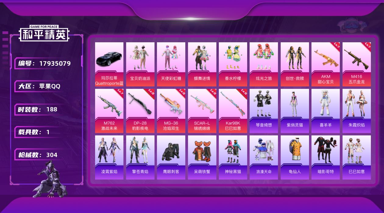 和平精英账号苹果QQ[17935079]【特价出售/店主推荐】苹果 手Q-6粉装-7特效枪-1载具-2粉色飞行器-88858热力值-18王牌印记-188套装-304枪皮
【热门品类】：套装-浪漫天命，套装-龟仙人，套装-