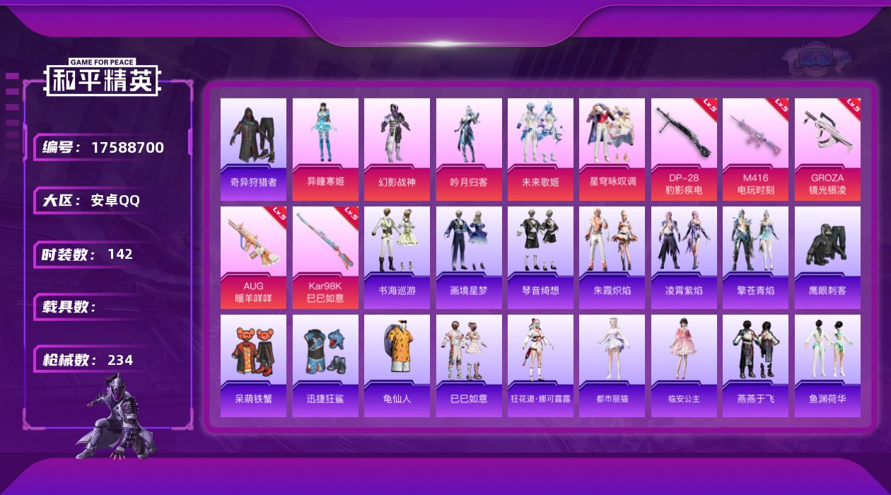 和平精英账号安卓QQ[17588700]安卓 手Q-5粉装-10特效枪-0载具-1粉色飞行器-66017热力值-15王牌印记-142套装-234枪皮
【热门品类】：套装-奇异狩猎者，套装-龟仙人
【粉色套装】：粉装-幻影