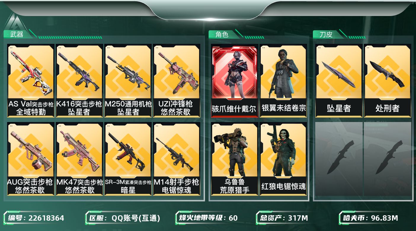 三角洲行动账号QQ【6888】317m总资产-96834k哈夫币-60烽火等级-铂金-23战场等级-列兵
【干员外观】
