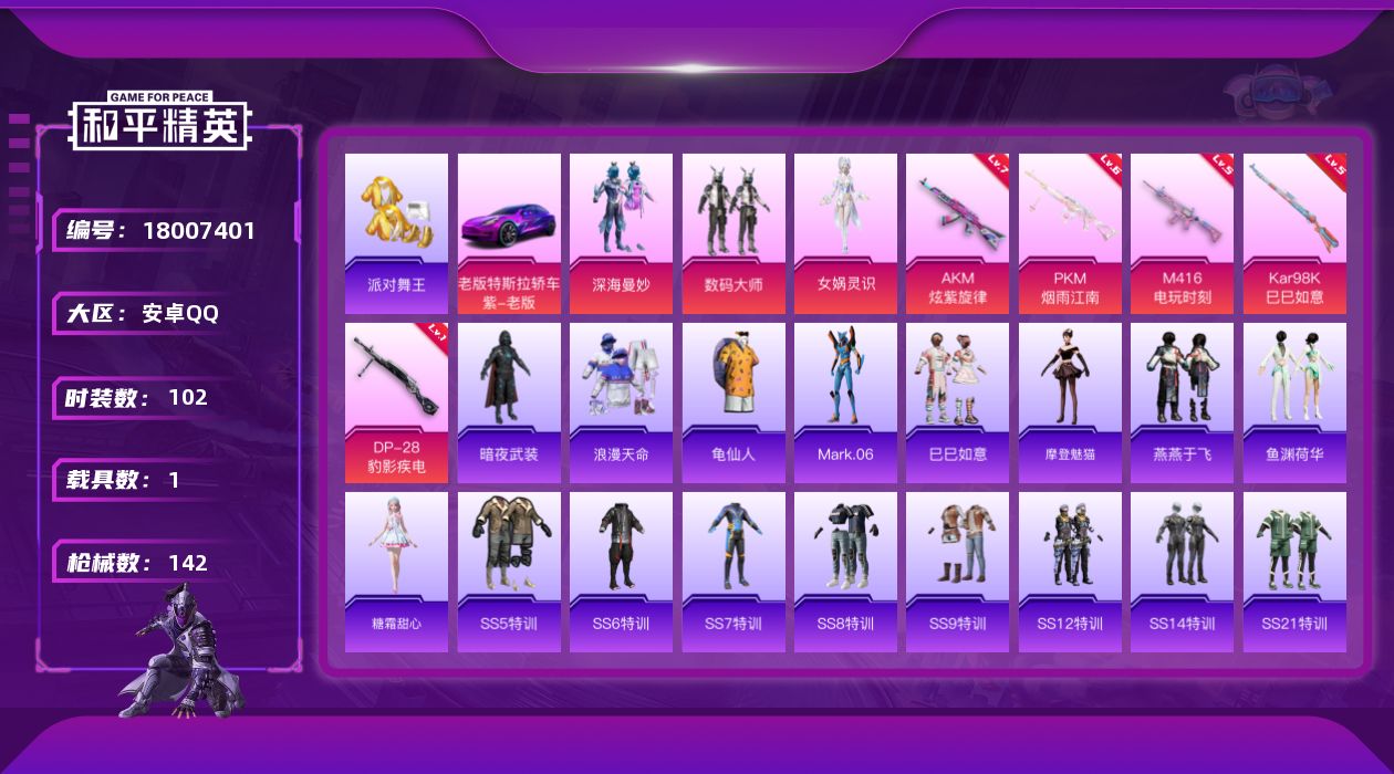 和平精英账号安卓QQ[18007401]安卓 手Q-3粉装-5特效枪-1载具-1粉色飞行器-48161热力值-4王牌印记-102套装-142枪皮
【热门品类】：套装-浪漫天命，套装-派对舞王，套装-龟仙人，角色-Mark