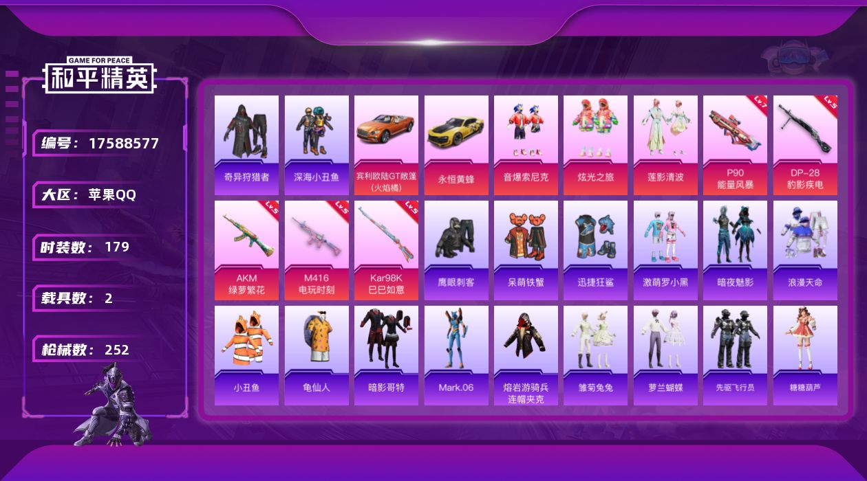和平精英账号苹果QQ[17588577]【特价出售/店主推荐】苹果 手Q-4粉装-8特效枪-2载具-1粉色飞行器-73427热力值-15王牌印记-179套装-252枪皮【热门品类】：粉装-音爆索尼克，套装-浪漫天命，套装