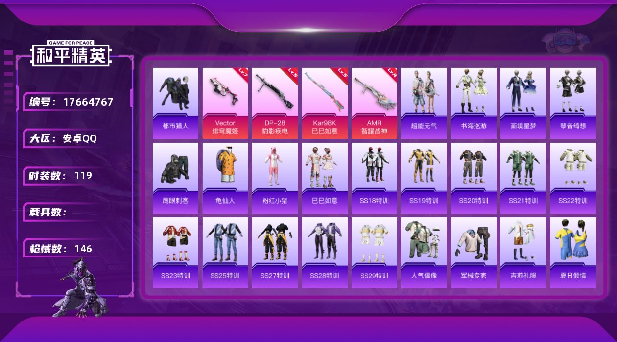 和平精英账号安卓QQ[17664767]【特价出售/店主推荐】安卓 手Q-1粉装-7特效枪-42390热力值-10王牌印记-119套装-146枪皮【热门品类】：套装-都市猎人，套装-龟仙人，套装-粉红小猪【粉色套装】：角