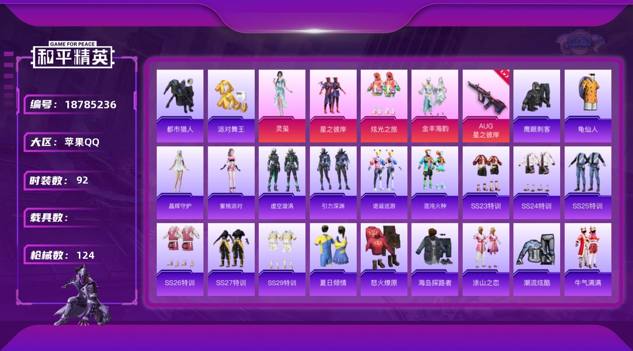 和平精英账号苹果QQ[18785236]苹果 手Q-4粉装-8特效枪-0载具-4粉色飞行器-38500热力值-3王牌印记-92套装-124枪皮
【热门品类】：套装-都市猎人，套装-派对舞王，套装-龟仙人
【粉色套装】：粉