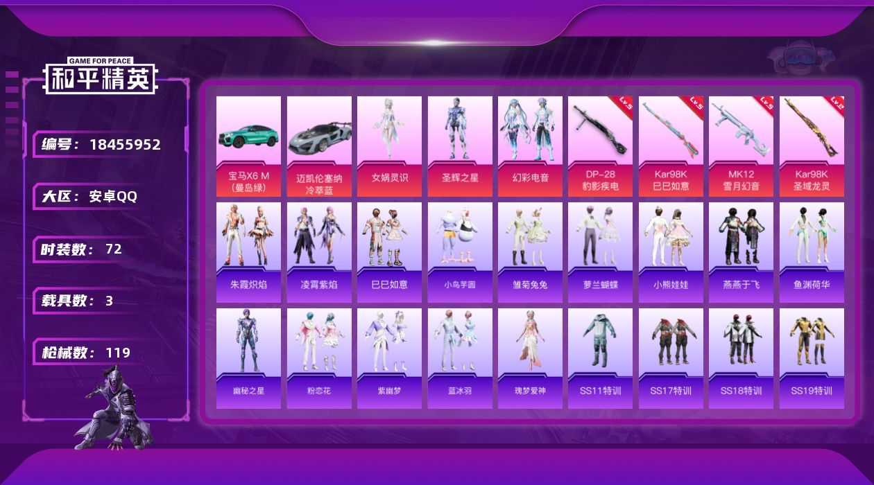 和平精英账号安卓QQ[18455952]【特价出售/店主推荐】安卓 手Q-3粉装-4特效枪-3载具-3粉色飞行器-34819热力值-6王牌印记-72套装-119枪皮【粉色套装】：角色-女娲灵识，角色-圣辉之星，粉装-幻彩