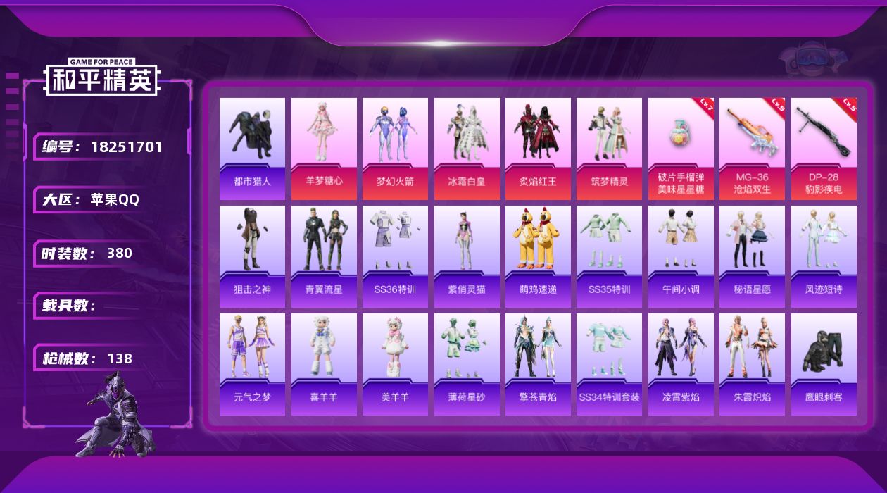 和平精英账号苹果QQ5粉装 3特效枪 4印记 可二次 可修改实名 
【热门装扮】羊梦糖心,梦幻火箭(新101) ,炙焰红