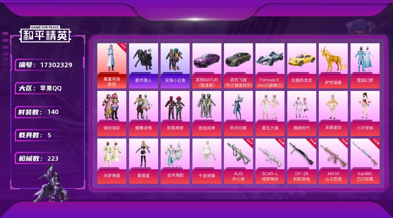 和平精英账号苹果QQ[17302329]【特价出售/店主推荐】苹果 手Q-1神装-14粉装-11特效枪-5载具-10粉色飞行器-80404热力值-12王牌印记-140套装-223枪皮
【红色神装等级】：魔童闹海-敖丙(一