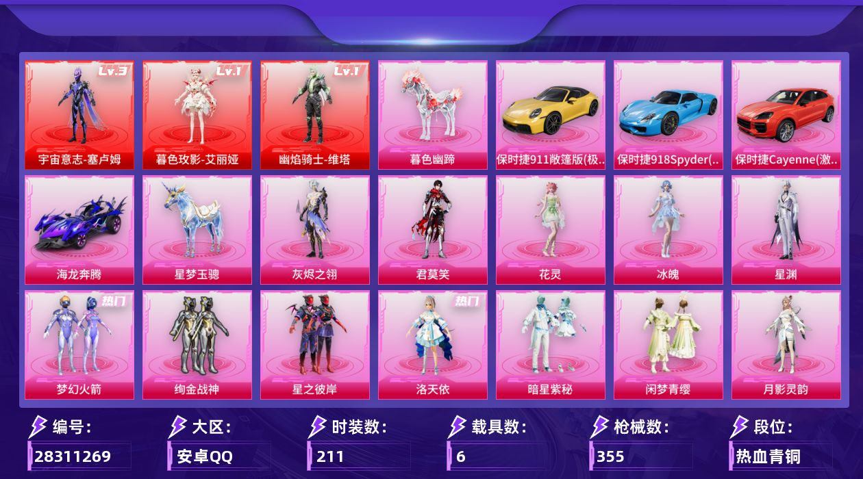[28311269]安卓手Q-历史最高段位：超级王牌17星-3神装-14粉装-18特效枪-6载具-8粉色飞行器-117752热力值-15王牌印记-211套装-355枪皮
【红色神装等级】：暮色玫影-艾丽娅(一级)，幽焰骑士-维塔(一级)，宇宙意志-塞卢姆(三级)
【红色角色神装】：暮色玫影-艾丽娅，幽焰骑士-维塔，宇宙意志-塞卢姆
【热门品类】：粉装-梦幻火箭，套装-小丑鱼，套装-龟仙人，套装-粉红小猪
【粉色套装】：角色-灰烬之翎，粉装-梦幻火箭，粉装-绚金战神，粉装-星之彼岸，角色-洛天依，粉装-暗星紫秘，粉装-闲梦青缨，角色-月影灵韵，角色-狂魅哈莉，角色-罗征，角色-花灵，角色-冰魄，角色-星渊，角色-君莫笑
【粉色枪皮等级】：轻型迫击炮-酷夏轰炸(三级)，AKM-绿萝繁花(五级)，AKM-幽焰骑士(三级)，SCAR-L-青春物语(六级)，SCAR-L-魔童闹海 哪吒(三级)，ARX-无垠阁(五级)，UMP45-宇宙意志(三级)，汤姆逊-玉魄流云(三级)，野牛-吾皇猫(四级)，AKS-74U-森灵之息(五级)，P90-沙丘之主(三级)，Kar98K-巳巳如意(五级)，Mk14-甜梦熊击(五级)，Mk14-福马献瑞(四级)，M417-灰烬之翎(一级)，AA12-G-萌骑幻想(三级)，DP-28-豹影疾电(五级)，MG3-洛神天依(五级)
【粉色载具】：保时捷911 敞篷版（极速黄），保时捷918 Spyder（沉静蓝），保时捷Cayenne（激情红），海龙奔腾，僚机-萌兔起飞，星梦玉骢，暮色幽蹄
【粉色枪皮】：轻型迫击炮-酷夏轰炸，AKM-绿萝繁花，AKM-幽焰骑士，SCAR-L-青春物语，SCAR-L-魔童闹海 哪吒，ARX-无垠阁，UMP45-宇宙意志，汤姆逊-玉魄流云，野牛-吾皇猫，AKS-74U-森灵之息，P90-沙丘之主，Kar98K-巳巳如意，Mk14-甜梦熊击，Mk14-福马献瑞，M417-灰烬之翎，AA12-G-萌骑幻想，DP-28-豹影疾电，MG3-洛神天依
【粉色飞行器】：灰烬之翎飞行器，沙丘之主天马，龙翔九天飞行器，深渊漩涡飞行器，幽焰列车飞行器，万象金身飞行器，灵珠游龙飞行器，暮色之舞飞行器
【粉色降落伞】：灰烬之翎降落伞，未来战士降落伞，梦幻火箭降落伞，香水柠檬降落伞，星之彼岸降落伞，暗夜玫瑰降落伞，洛神天依降落伞，天之羽翼降落伞，百合蜜语降落伞，甜梦