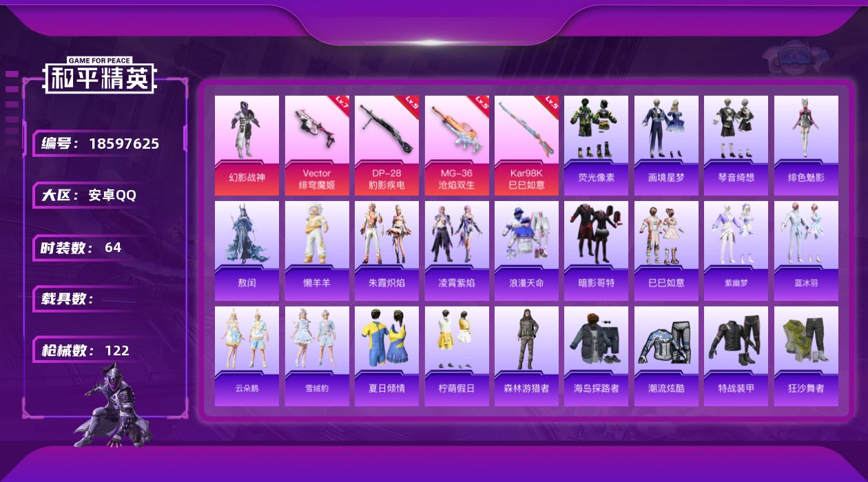 和平精英账号安卓QQ[18597625]【店主推荐捡漏号】安卓 手Q-2粉装-7特效枪-0载具-1粉色飞行器-28533热力值-0王牌印记-64套装-122枪皮【热门品类】：套装-浪漫天命，套装-暗影哥特【粉色套装】：粉