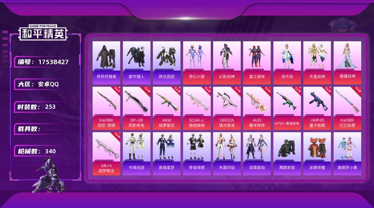 和平精英账号安卓QQ[17538427]安卓 手Q-6粉装-15特效枪-0载具-0粉色飞行器-100613热力值-22王牌印记-253套装-340枪皮
【热门品类】：粉装-梦幻火箭，套装-浪漫天命，套装-都市猎人，套装-
