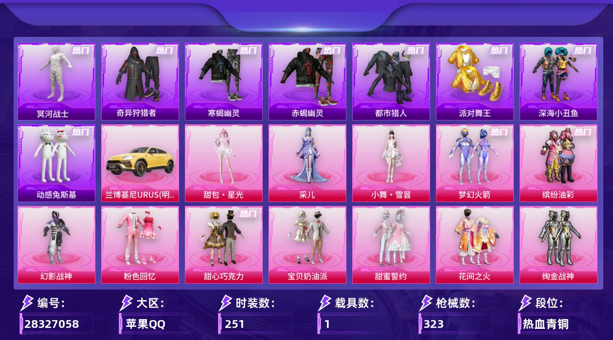 [28327058]苹果手Q-历史最高段位：卓越王牌24星-25粉装-16特效枪-1载具-6粉色飞行器-114090热力值-20王牌印记-251套装-323枪皮
【热门品类】：粉装-梦幻火箭，粉装-缤纷油彩，套装-寒蝎幽灵，套装-浪漫天命，套装-赤蝎幽灵，套装-都市猎人，套装-冥河战士，套装-派对舞王，套装-深海小丑鱼，套装-小丑鱼，套装-奇异狩猎者，角色-军刀雅典娜，套装-忍者信条，套装-动感兔斯基人偶服，套装-龟仙人，套装-潮萌小黄鸭，套装-暗影哥特，套装-粉红小猪，套装-红红火火，M416-星际漫游，套装-红熊茄茄
【粉色套装】：粉装-幻影战神，粉装-粉色回忆，粉装-甜心巧克力，粉装-宝贝奶油派，粉装-梦幻火箭，粉装-缤纷油彩，粉装-甜蜜誓约，粉装-花间之火，粉装-绚金战神，粉装-冰霜白皇，粉装-炙焰红王，粉装-彩虹鹿灵，角色-洛天依，粉装-吟月归客，粉装-海盐物语，角色-复仇流浪者，粉装-灵感创作师，粉装-彩虹甜喵，粉装-寒光使者，角色-歌者泠鸢，粉装-暗夜鎏金，人物-小舞·雪昙，角色-采儿，人物-甜包·星光，人物-洛天依·花嫁
【粉色枪皮等级】：AKM-甜心宝贝(七级)，M16A4-垂柳戏鸭(四级)，M416-风花雪月(六级)，GROZA-镜光银凌(五级)，AUG-许七安(七级)，M762-甜蜜誓约(七级)，UMP45-萌骑冒险(五级)，Vector-环太平洋(六级)，汤姆逊-玉魄流云(五级)，AKS-74U-森灵之息(五级)，Kar98K-巳巳如意(五级)，Mk14-甜梦熊击(五级)，Mk14-福马献瑞(三级)，DP-28-豹影疾电(五级)，MG3-洛神天依(五级)，破片手榴弹-招财进宝(六级)
【粉色载具】：兰博基尼URUS（明艳黄）
【粉色枪皮】：AKM-甜心宝贝，M16A4-垂柳戏鸭，M416-风花雪月，GROZA-镜光银凌，AUG-许七安，M762-甜蜜誓约，UMP45-萌骑冒险，Vector-环太平洋，汤姆逊-玉魄流云，AKS-74U-森灵之息，Kar98K-巳巳如意，Mk14-甜梦熊击，Mk14-福马献瑞，DP-28-豹影疾电，MG3-洛神天依，破片手榴弹-招财进宝
【粉色飞行器】：炫彩糖果飞行器，梦幻火箭飞行器，星之彼岸飞行器，相思残雪飞行器，歌者泠鸢飞行器，剑影随行飞行器
【粉色降落伞】：灰烬之翎降落伞，极限特训降落伞，幻影战神降落伞，粉色回忆降落伞，甜心