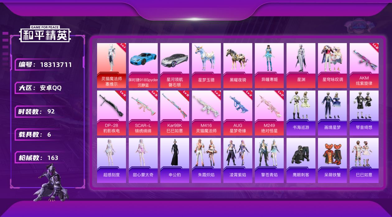 和平精英账号安卓QQ[18313711]92套装/枪械12/装备219/载具6/战备98/王牌印记7/热力值54235/六级AKM-炫紫旋律/三级AKM-暮色玫影/五级SCAR-L-锦绣绵绵/三级M416-灵猫魔法师/三