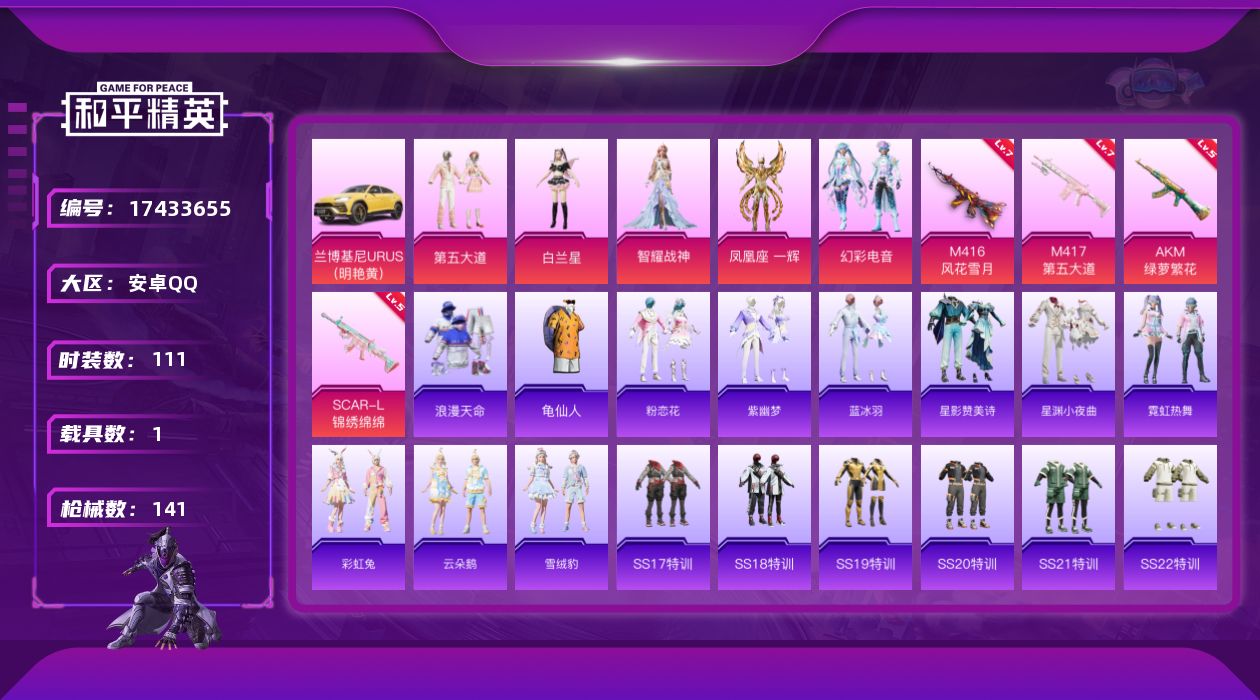 和平精英账号安卓QQ[17433655]安卓 手Q-5粉装-5特效枪-1载具-0粉色飞行器-44494热力值-8王牌印记-111套装-141枪皮
【热门品类】：套装-浪漫天命，套装-龟仙人
【粉色套装】：粉装-第五大道，