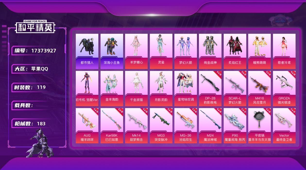 和平精英账号苹果QQ[17373927]【店主推荐捡漏号！可直接换绑】苹果 手Q-12粉装-17特效枪-0载具-6粉色飞行器-59755热力值-9王牌印记-119套装-183枪皮【热门品类】：粉装-梦幻火箭，套装-浪漫天