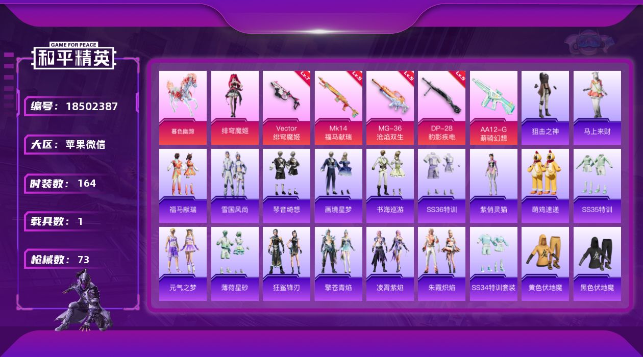 和平精英账号苹果微信[18502387]1粉装 5特效枪 1载具 3印记 不可二次 不可修改实名 
【热门装扮】绯穹魔姬