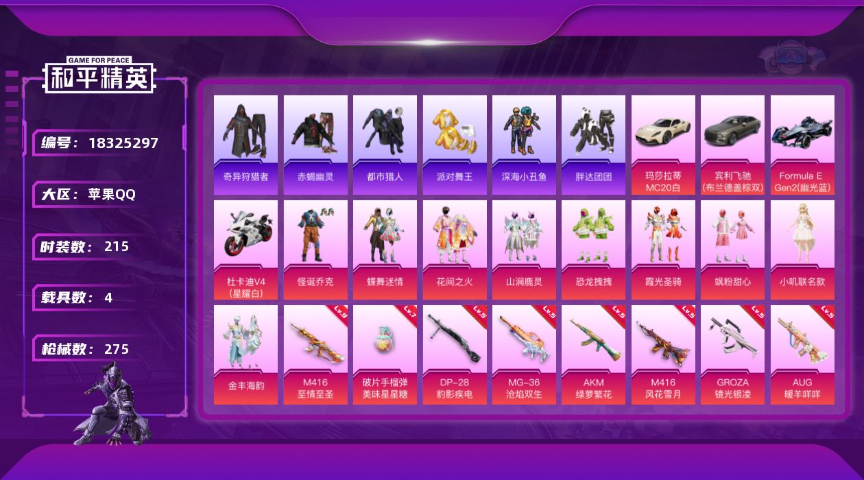 和平精英账号苹果QQ[18325297]苹果 手Q-10粉装-14特效枪-4载具-5粉色飞行器-95513热力值-13王牌印记-215套装-275枪皮
【热门品类】：粉装-怪诞乔克，套装-浪漫天命，套装-赤蝎幽灵，套装-