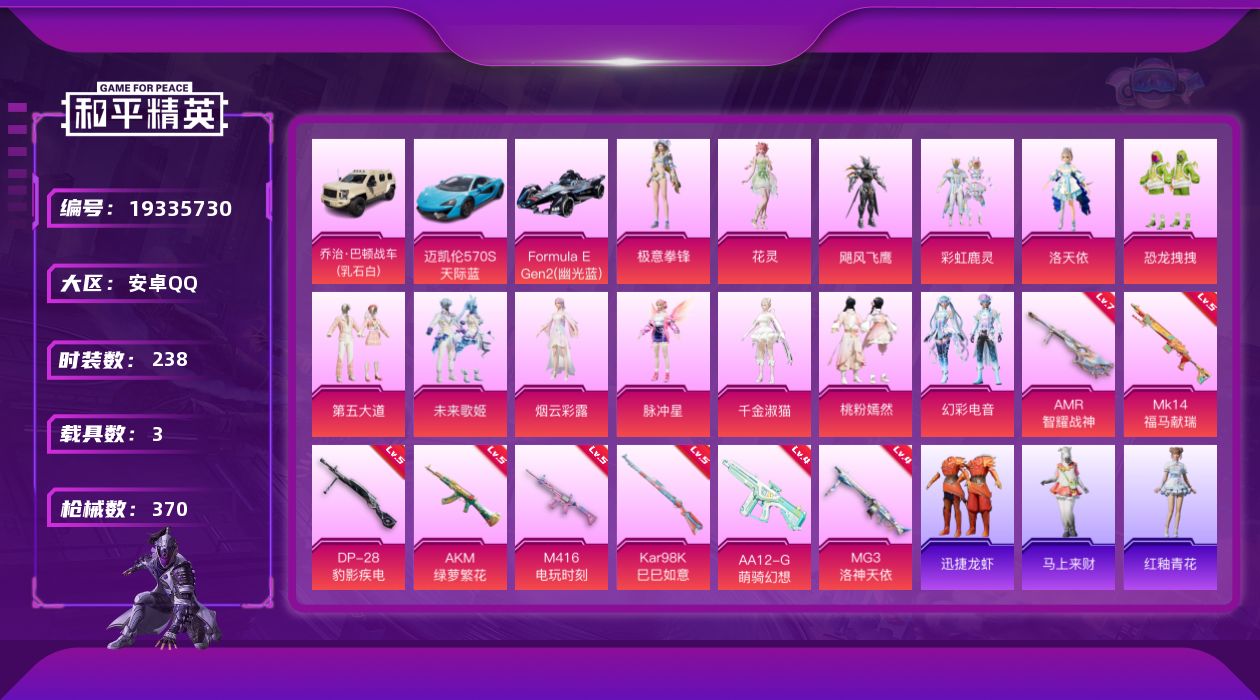 和平精英账号安卓QQ[19335730]安卓 手Q-13粉装-8特效枪-3载具-7粉色飞行器-117391热力值-16王牌印记-238套装-370枪皮
【热门品类】：角色-军刀雅典娜，套装-龟仙人，角色-8号机，角色-M