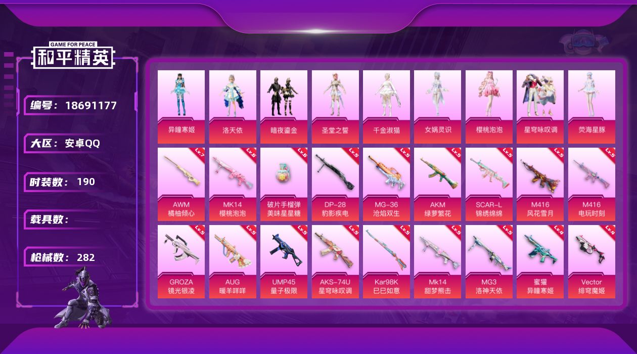 和平精英账号安卓QQ[18691177]安卓 手Q-9粉装-20特效枪-0载具-7粉色飞行器-92909热力值-9王牌印记-190套装-282枪皮
【热门品类】：套装-龟仙人，套装-暗影哥特
【粉色套装】：角色-洛天依，