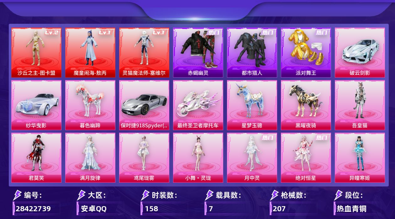 [28422739]安卓手Q-历史最高段位：超级王牌26星-3神装-14粉装-31特效枪-7载具-20粉色飞行器-92083热力值-7王牌印记-158套装-207枪皮
【红色神装等级】：魔童闹海-敖丙(一级)，灵猫魔法师-塞维尔(一级)，沙丘之主-图卡盟(二级)
【红色角色神装】：魔童闹海-敖丙，灵猫魔法师-塞维尔，沙丘之主-图卡盟
【热门品类】：粉装-怪诞乔克，套装-浪漫天命，套装-赤蝎幽灵，套装-都市猎人，套装-派对舞王，套装-小丑鱼，套装-暗影哥特
【粉色套装】：角色-绝对恒星，角色-满月旋律，粉装-怪诞乔克，女娲后裔-赵灵儿，粉装-千面幻镜，粉装-第五大道，角色-狂魅哈莉，角色-羊梦糖心，角色-异瞳寒姬，角色-月中灵，人物-小舞·灵珑，角色-鸢尾珑雾，角色-君莫笑，角色-吾皇猫
【粉色枪皮等级】：AKM-暮色玫影(七级)，AKM-满月旋律(一级)，SCAR-L-魔童闹海 哪吒(六级)，SCAR-L-云端童话(五级)，M416-灵猫魔法师(三级)，GROZA-圣辉之星(一级)，GROZA-幻音九尾(三级)，AUG-星梦奇缘(三级)，蜜獾-异瞳寒姬(五级)，ACE32-萌骑漫游(二级)，ACE32-百变纱华(一级)，UMP45-萌骑冒险(二级)，汤姆逊-玉魄流云(二级)，AKS-74U-森灵之息(五级)，P90-魔童闹海 敖丙(三级)，Kar98K-圣域龙灵(一级)，Mk14-辉云木星(四级)，Mk14-福马献瑞(五级)，AMR-鸢尾晶梦(四级)，M417-第五大道(一级)，M200-梦海之灵(三级)，AA12-G-萌骑幻想(一级)，AA12-G-其乐融融(五级)，M249-绝对恒星(三级)，DP-28-豹影疾电(五级)，DP-28-鸢尾珑雾(一级)，MG-36-沧焰双生(五级)，平底锅-喜羊羊与灰太狼(三级)，燃烧瓶-天降桃花(五级)，破片手榴弹-瓶中星球(六级)
【粉色载具】：保时捷918 Spyder（液态银），纱华曳影，破云剑影，最终圣卫者摩托车，星梦玉骢，黑曜夜骑，暮色幽蹄
【粉色枪皮】：AKM-暮色玫影，AKM-满月旋律，SCAR-L-魔童闹海 哪吒，SCAR-L-云端童话，M416-灵猫魔法师，GROZA-圣辉之星，GROZA-幻音九尾，AUG-星梦奇缘，蜜獾-异瞳寒姬，ACE32-萌骑漫游，ACE32-百变纱华，UMP45-萌骑冒险，汤姆逊-玉魄流云，AKS-74