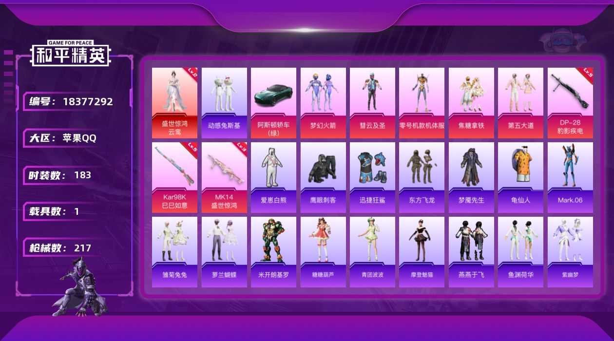 和平精英账号苹果QQ[18377292]苹果 手Q-1神装-5粉装-3特效枪-1载具-2粉色飞行器-67405热力值-19王牌印记-183套装-217枪皮
【红色神装等级】：盛世惊鸿-云鸾(二级)
【红色角色神装】：盛世