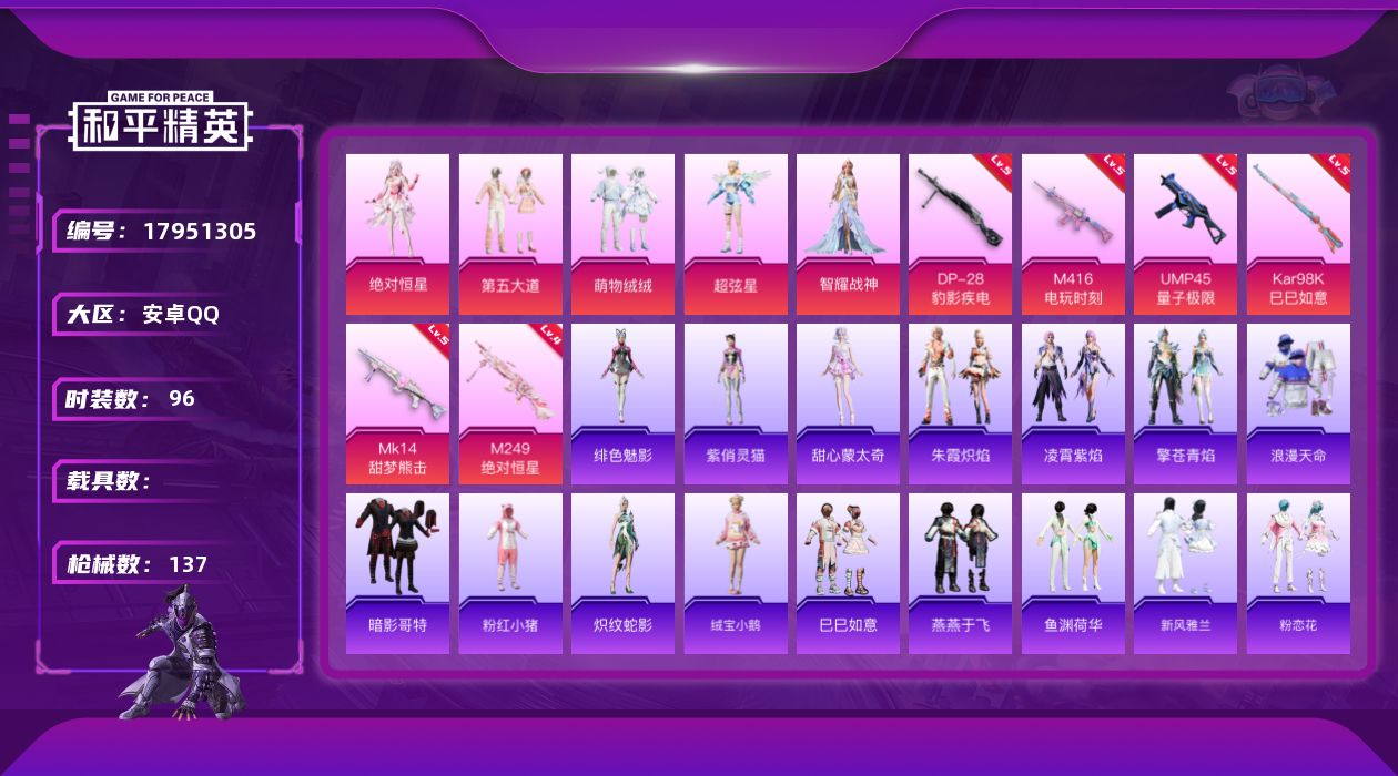 和平精英账号安卓QQ[17951305]安卓 手Q-5粉装-6特效枪-0载具-1粉色飞行器-40217热力值-4王牌印记-96套装-137枪皮
【热门品类】：套装-浪漫天命，套装-暗影哥特，套装-粉红小猪
【粉色套装】：