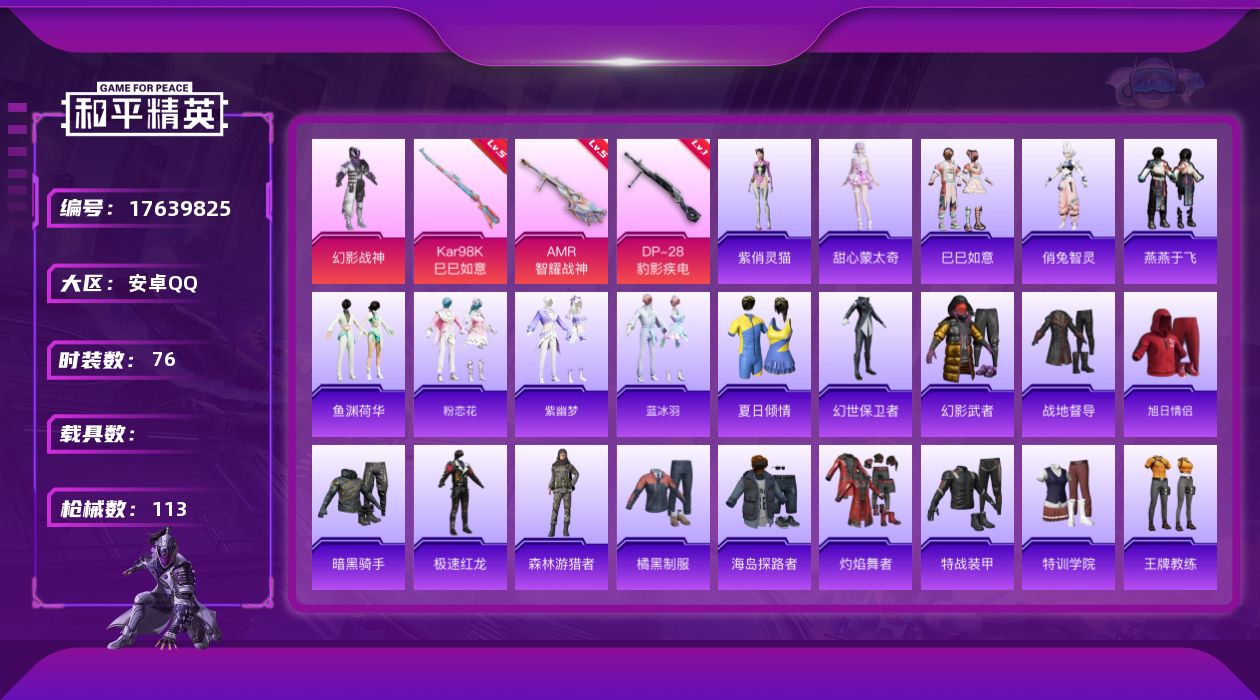 和平精英账号安卓QQ[17639825]可二次【特价出售/店主推荐】安卓 手Q-1粉装-4特效枪-1粉色飞行器-27116热力值-4王牌印记-76套装-113枪皮【粉色套装】：粉装-幻影战神【粉色枪皮等级】：Kar98K