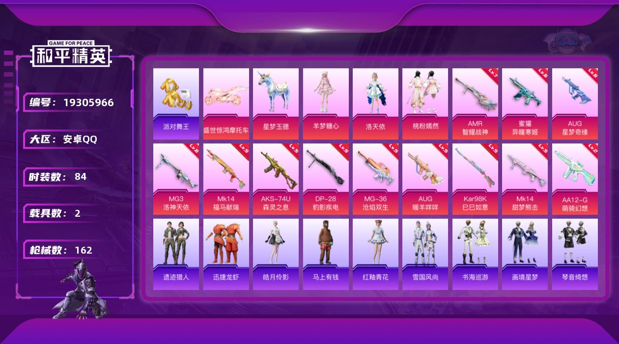 和平精英账号安卓QQ[19305966]84套装/枪械12/装备173/载具2/战备97/王牌印记8/热力值46418/六级AUG-星梦奇缘/五级AUG-暖羊咩咩/六级蜜獾-异瞳寒姬/五级AKS-74U-森灵之息/五级K