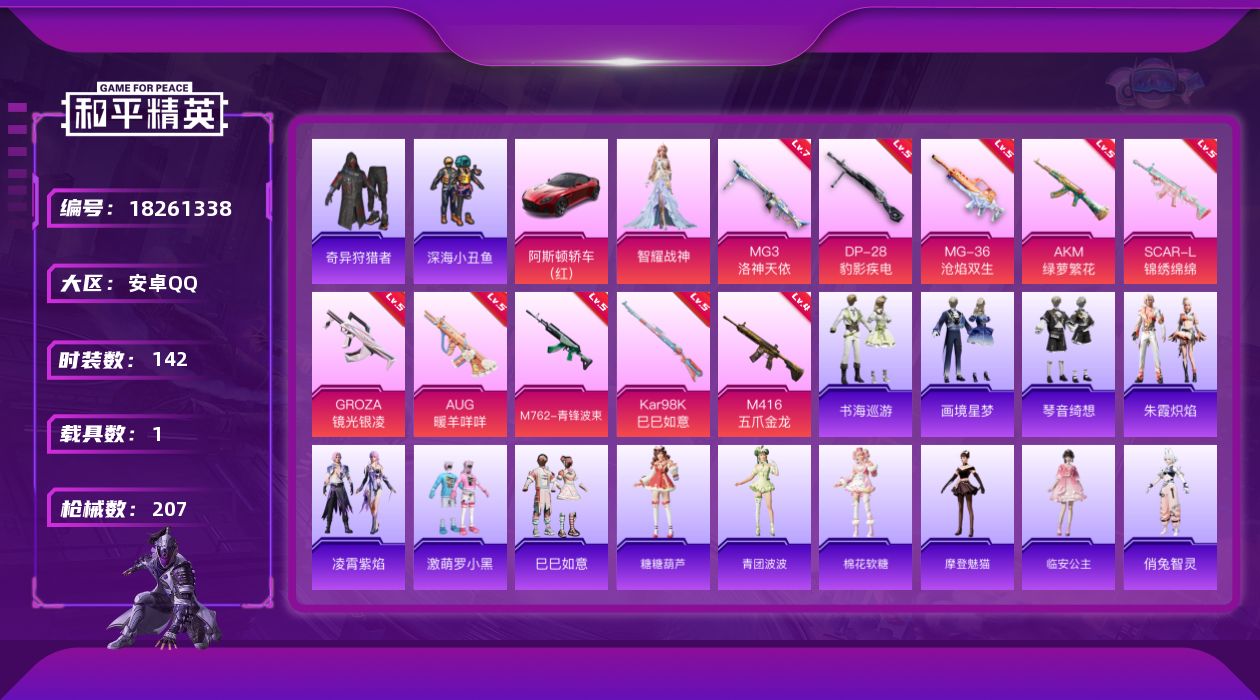 和平精英账号安卓QQ[18261338]安卓 手Q-1粉装-11特效枪-1载具-2粉色飞行器-64410热力值-9王牌印记-142套装-207枪皮
【热门品类】：套装-深海小丑鱼，套装-奇异狩猎者
【粉色套装】：角色-智
