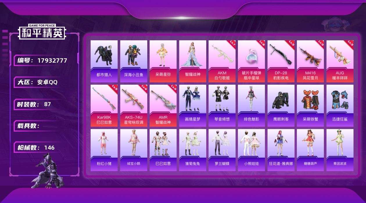 和平精英账号安卓QQ[17932777]安卓 手Q-4粉装-10特效枪-0载具-3粉色飞行器-43165热力值-6王牌印记-87套装-146枪皮
【热门品类】：套装-都市猎人，套装-深海小丑鱼，套装-粉红小猪
【粉色套装
