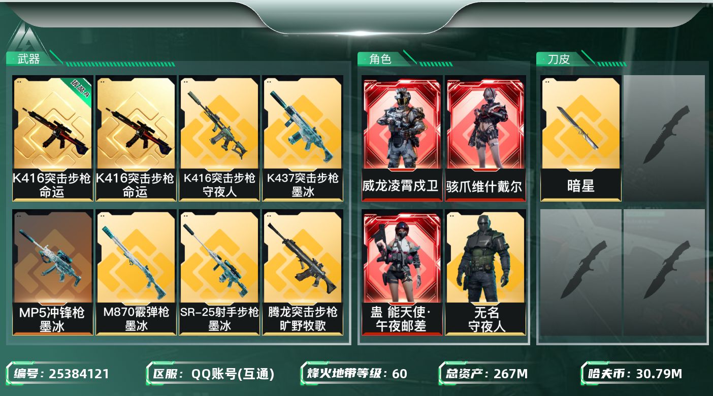 三角洲行动账号QQ【kysjz668】267m总资产-30793k哈夫币-60烽火等级-钻石-41战场等级-上等兵
【